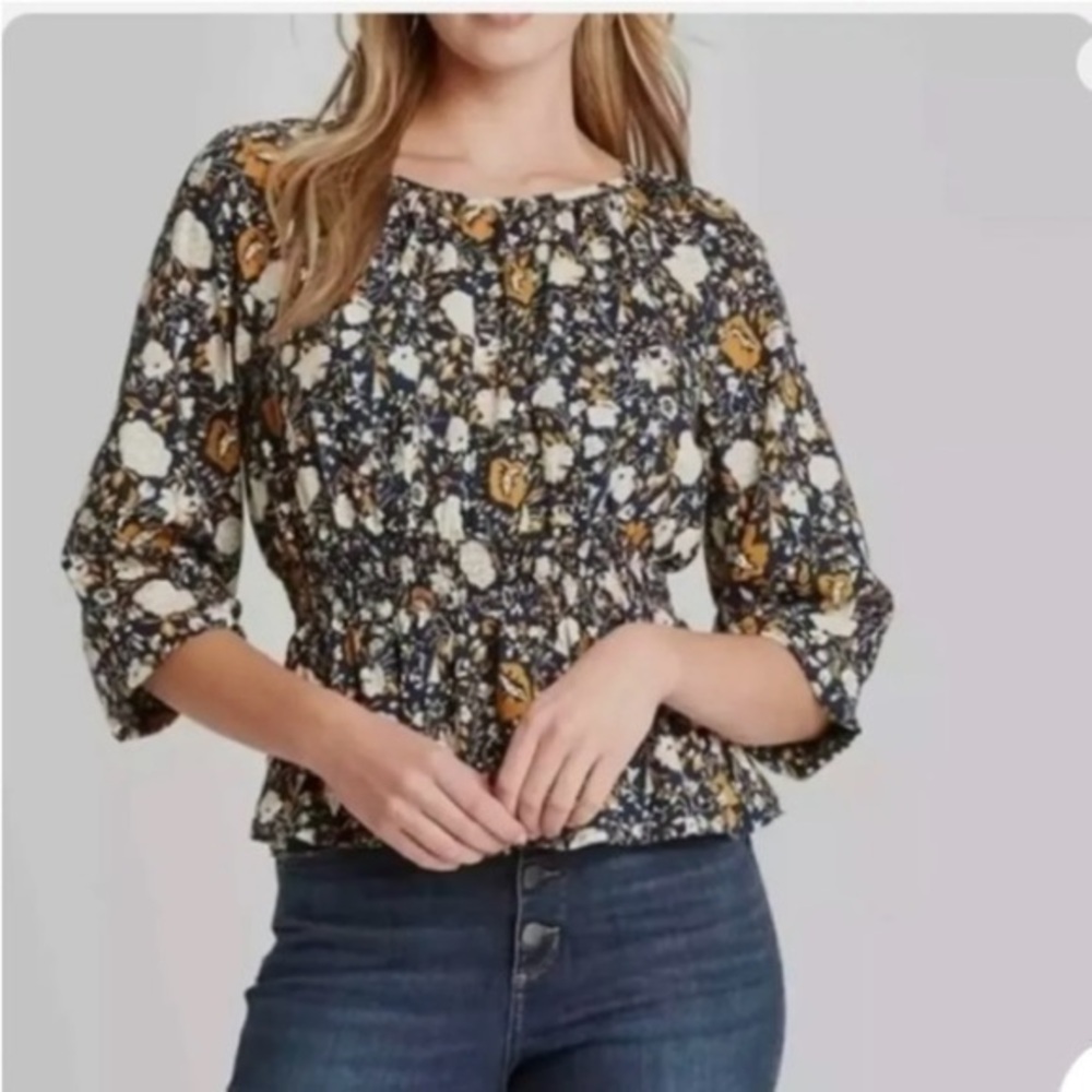 UNIVERSAL THREAD Blue Gold Floral Peplum Blouse Top! Medium